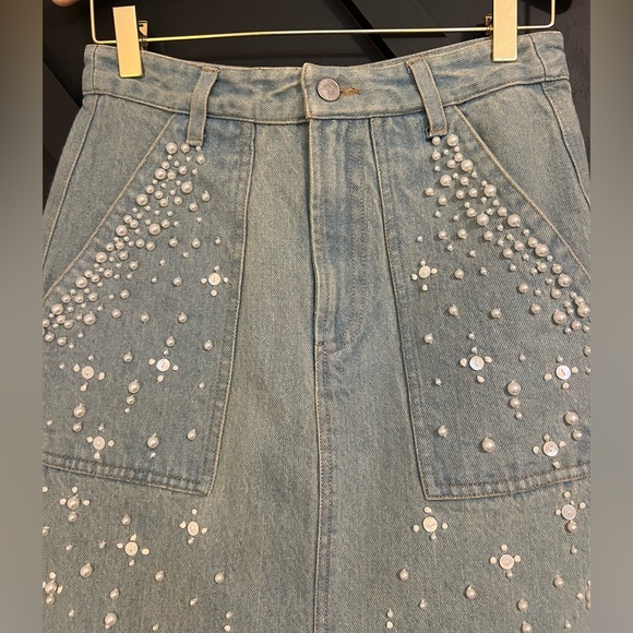 Sea Light Blue Embroidered Denim Midi Skirt - Picture 11 of 15